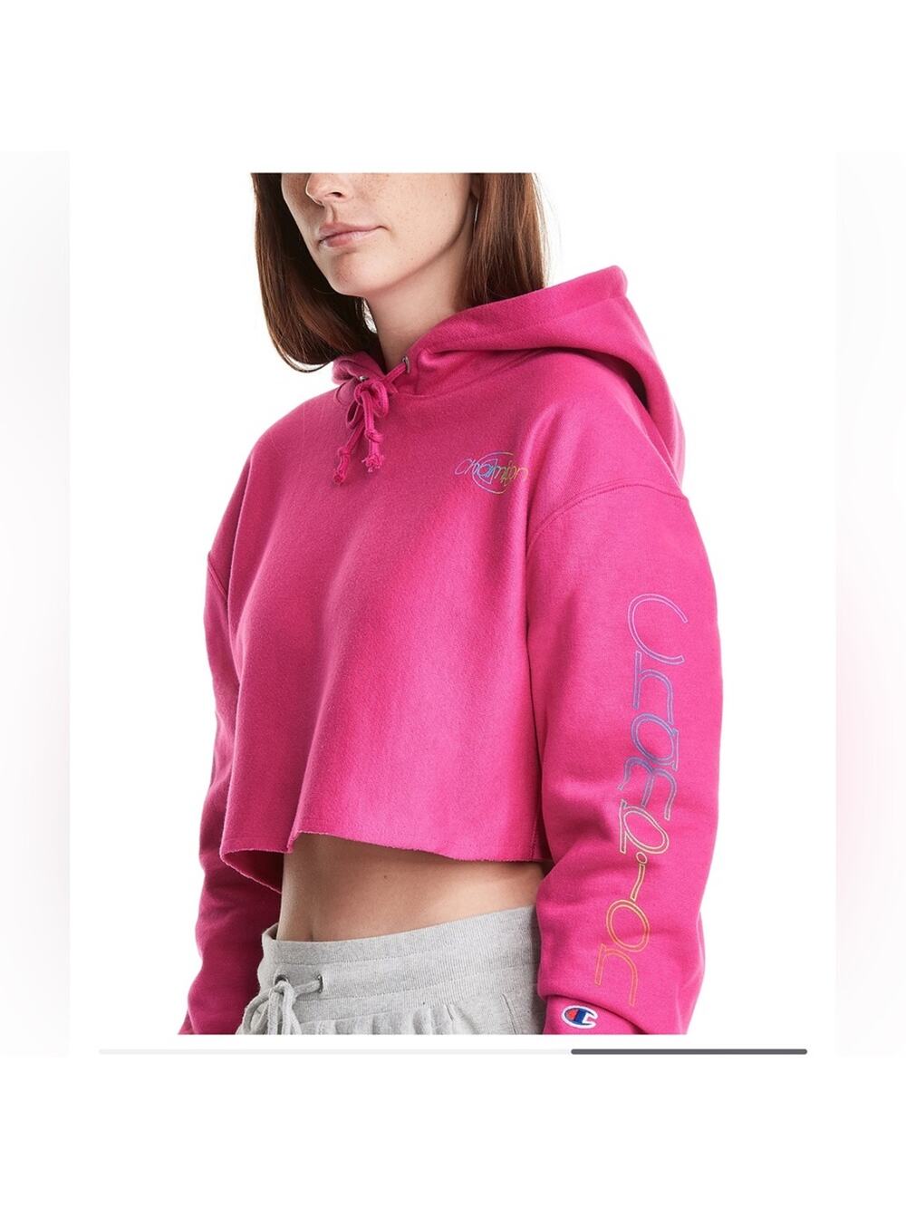 NWT Champion WOmens Reverse Weave Cropped Cutoff Hoodie Sweatshirt Pink Large - Picture 1 of 6